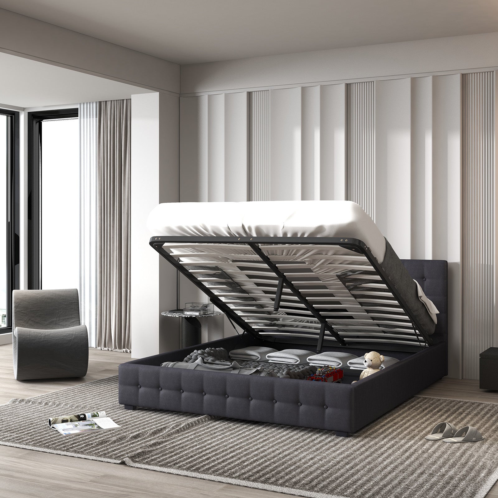 Decor Eden Gas Lift Storage Bed with Upholstered Headboard Dark Grey King Single