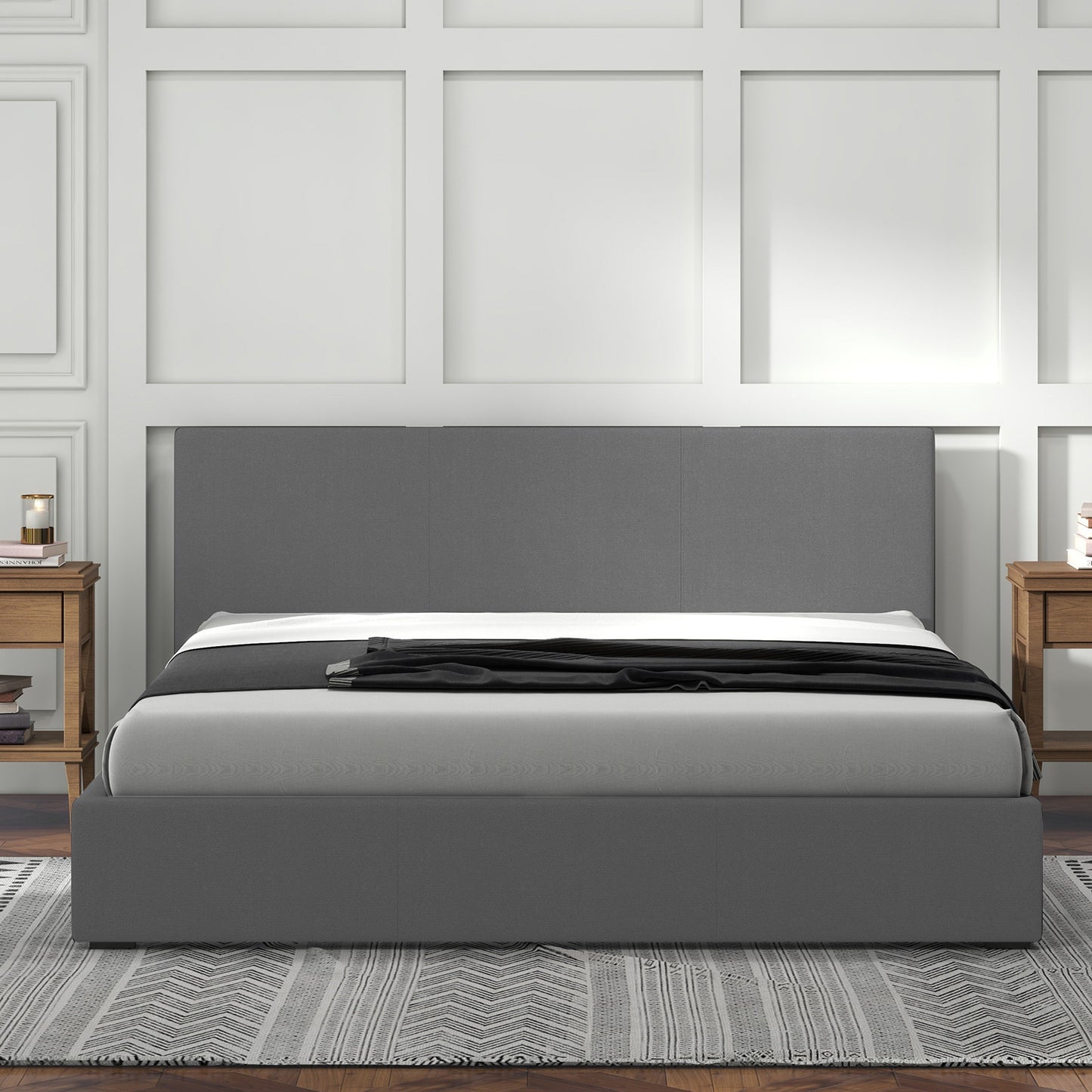 Luxury Gas Lift Storage Bed with Headboard Upholstered Grey King Single
