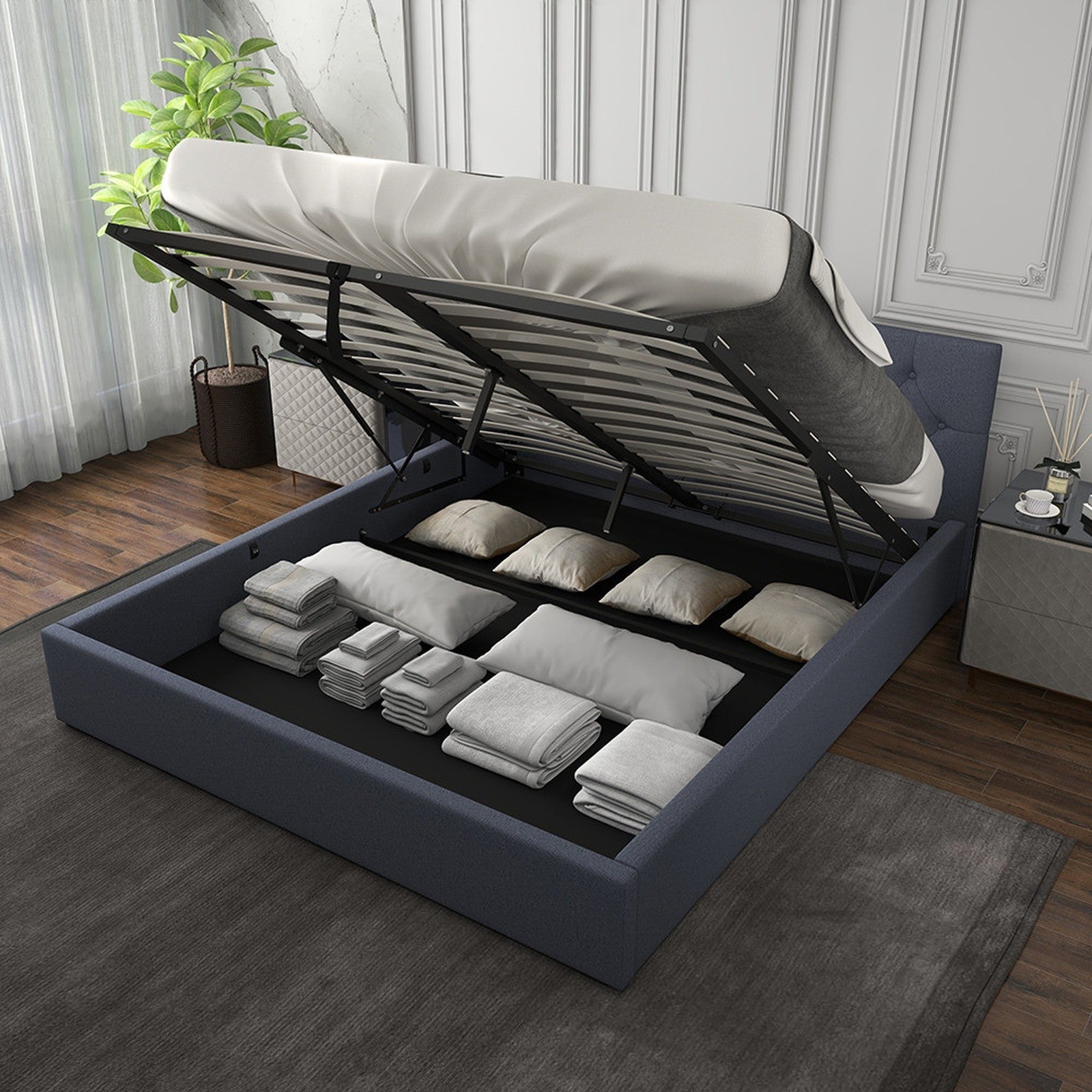 Luxury Gas Lift Storage Bed with Upholstered Headboard Single-Charcoal