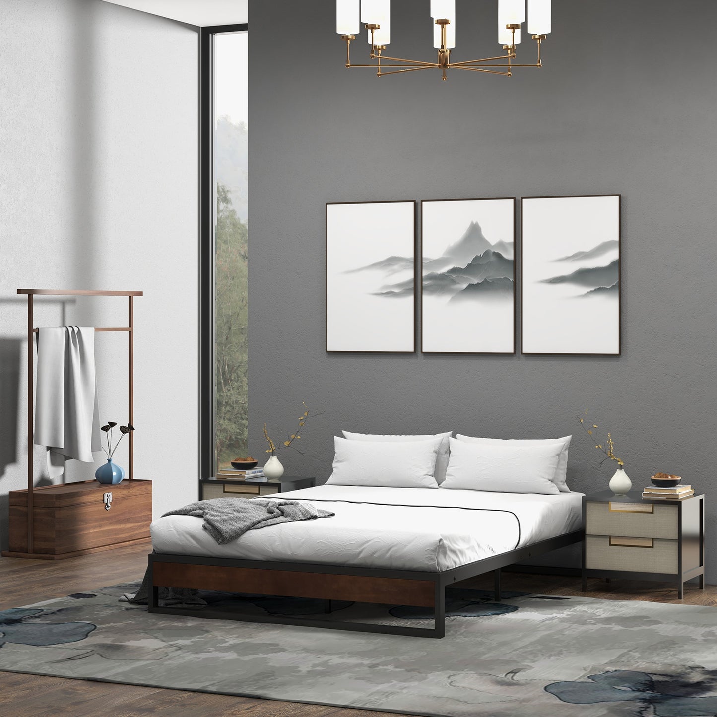 Sorrento Metal and Wood Bed Frame Base Single Size Platform Bedroom
