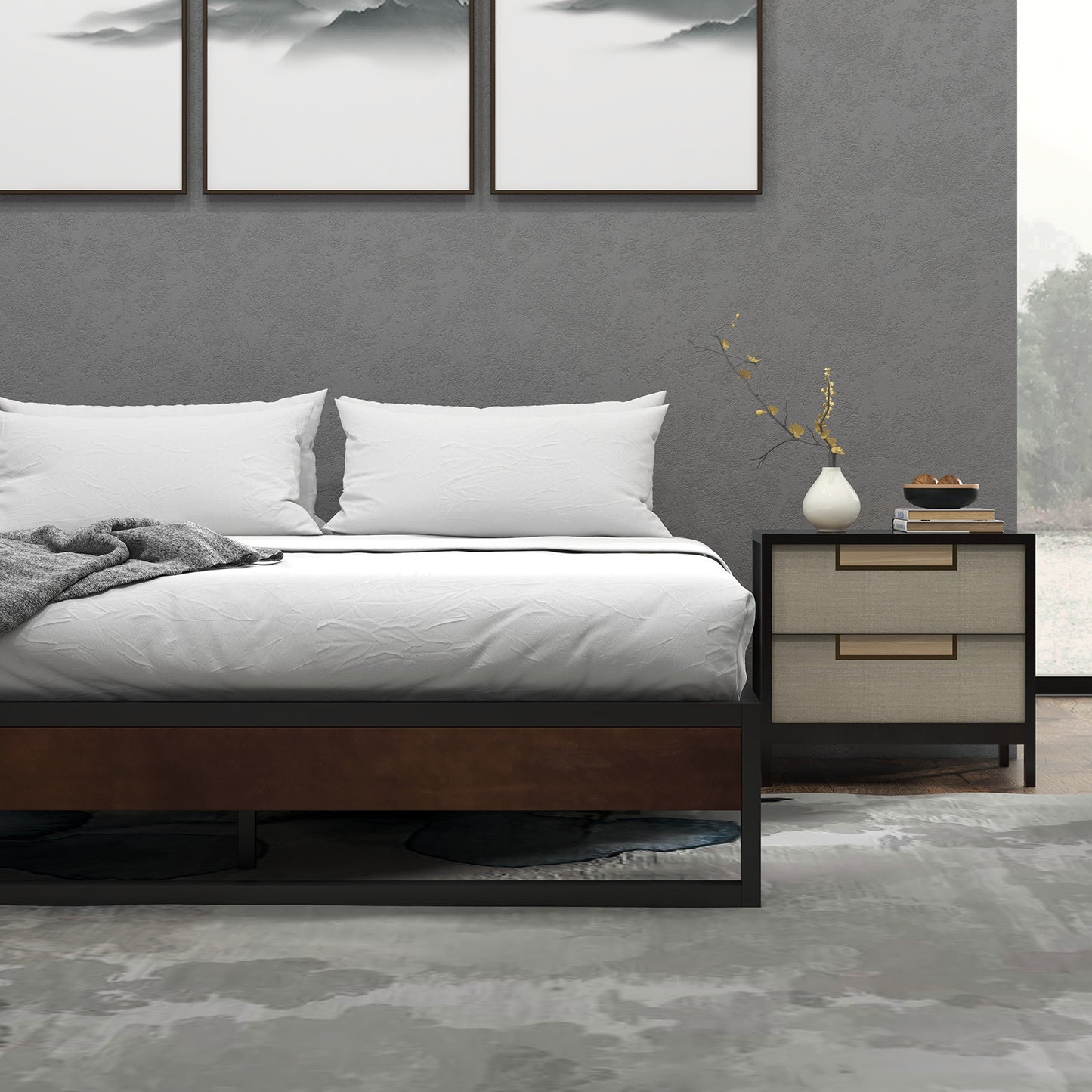 Sorrento Metal and Wood Bed Frame Base Single Size Platform Bedroom