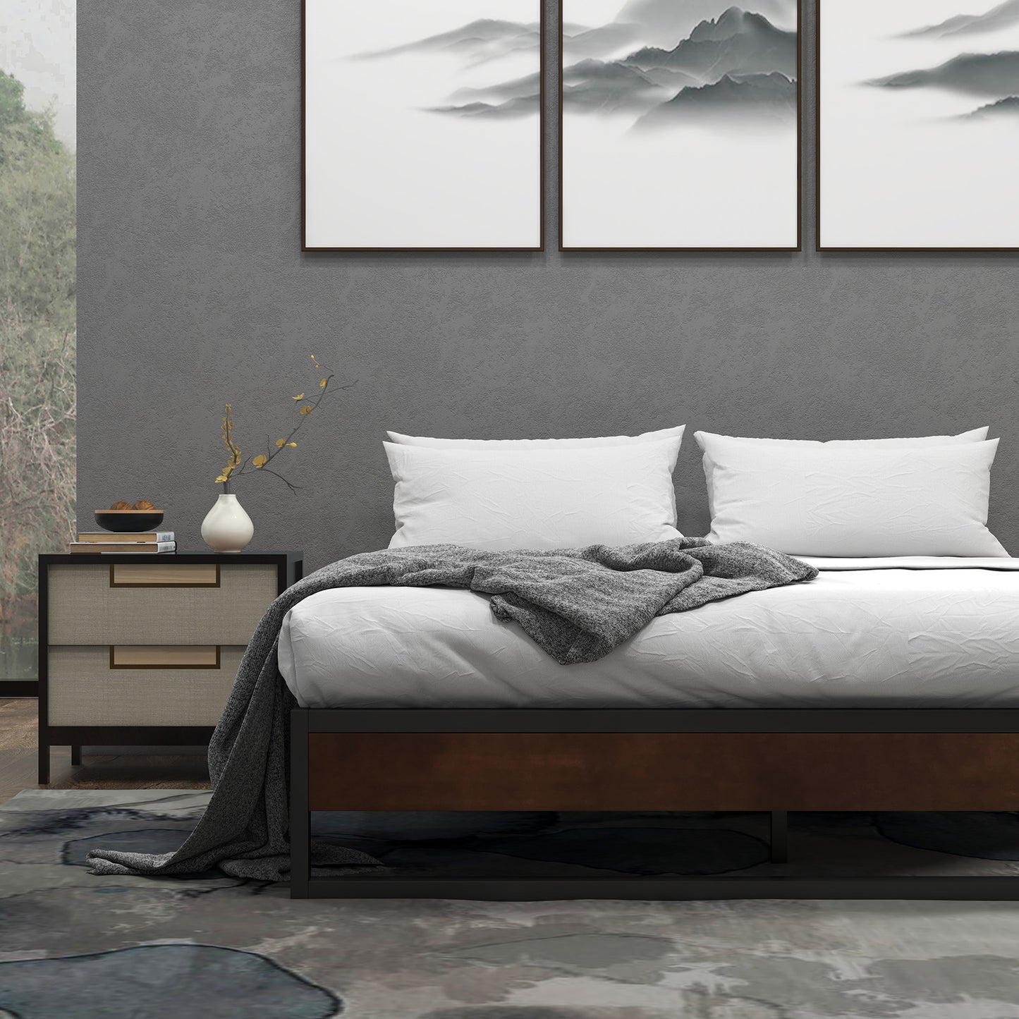 Sorrento Metal and Wood Bed Frame Base Single Size Platform Bedroom