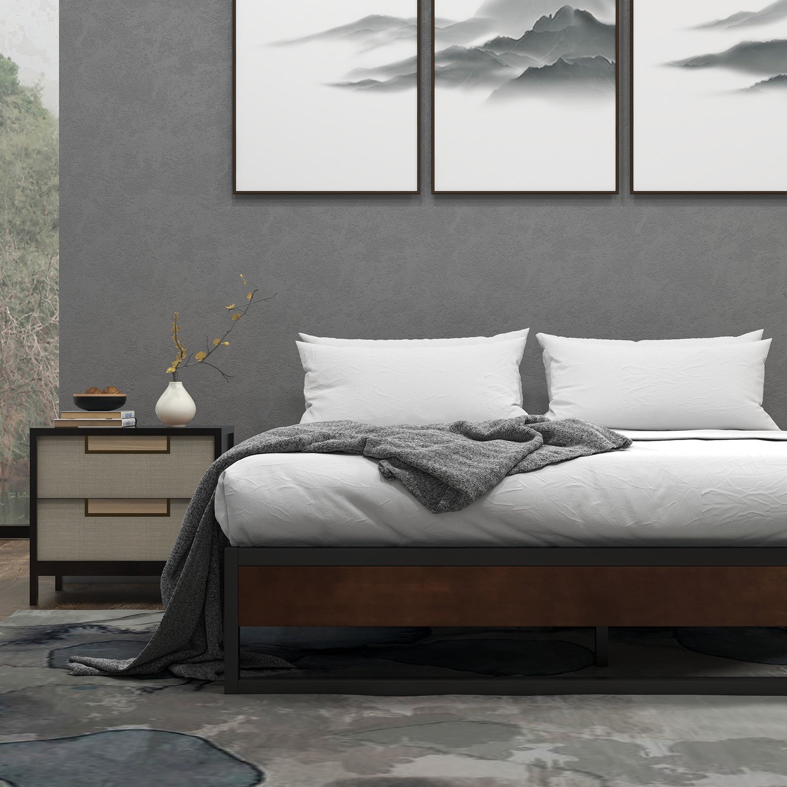 Sorrento Metal and Wood Bed Frame Base Single Size Platform Bedroom