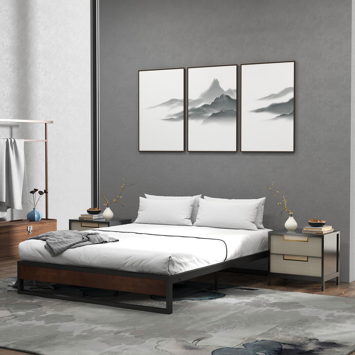 Sorrento Metal and Wood Bed Frame Base Single Size Platform Bedroom