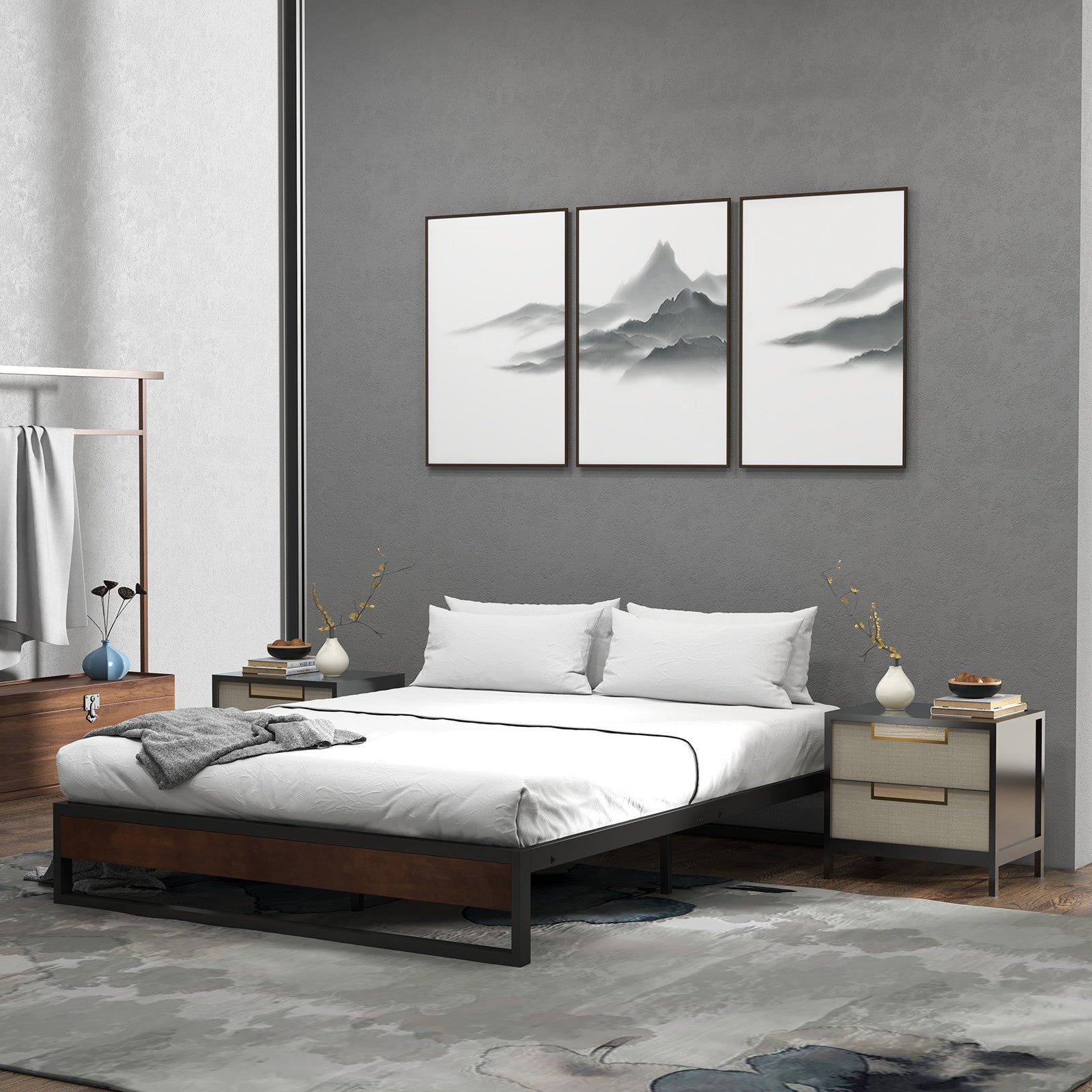 Sorrento Metal and Wood Bed Frame Base Single Size Platform Bedroom