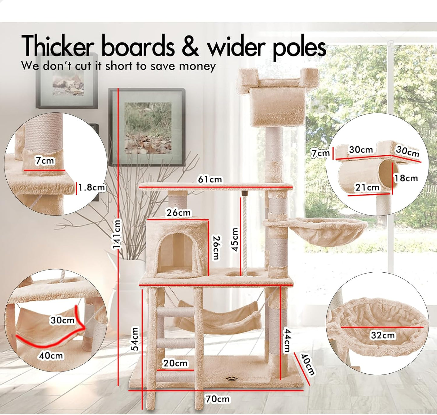 Cat Tree Tower Beige 70x141x40cm