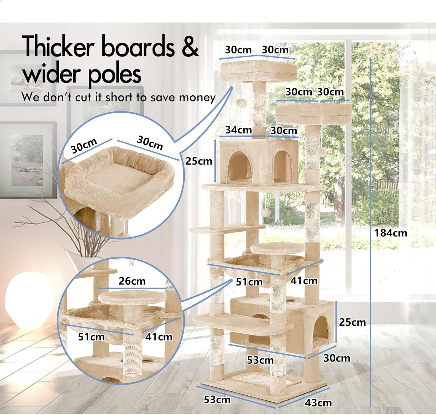 Cat Tree Tower With Plush Perches 53x184x43cm