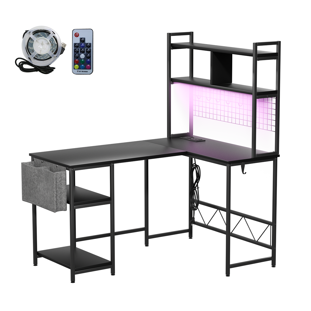 Modern L Shaped Gaming Desk with LED Lights Black  Multipurpose Use