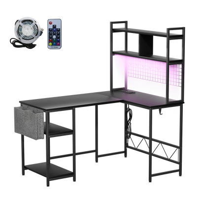 Modern L Shaped Gaming Desk with LED Lights Black  Multipurpose Use