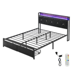 Cozy Queen Metal Bed Frame LED Lights 2 Drawers  Adjustable Height