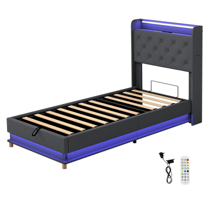 Contemporary Single Bed Frame Gas Lift Storage LED Light USB  Soft