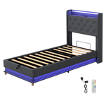 Contemporary Single Bed Frame Gas Lift Storage LED Light USB  Soft