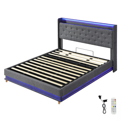 Functional King Bed Frame Gas Lift Storage LED Light USB  Sleek