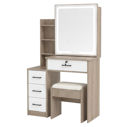 Levede Dressing Table Vanity Stool Set Sliding LED Mirror Makeup Storage Shelves Natural