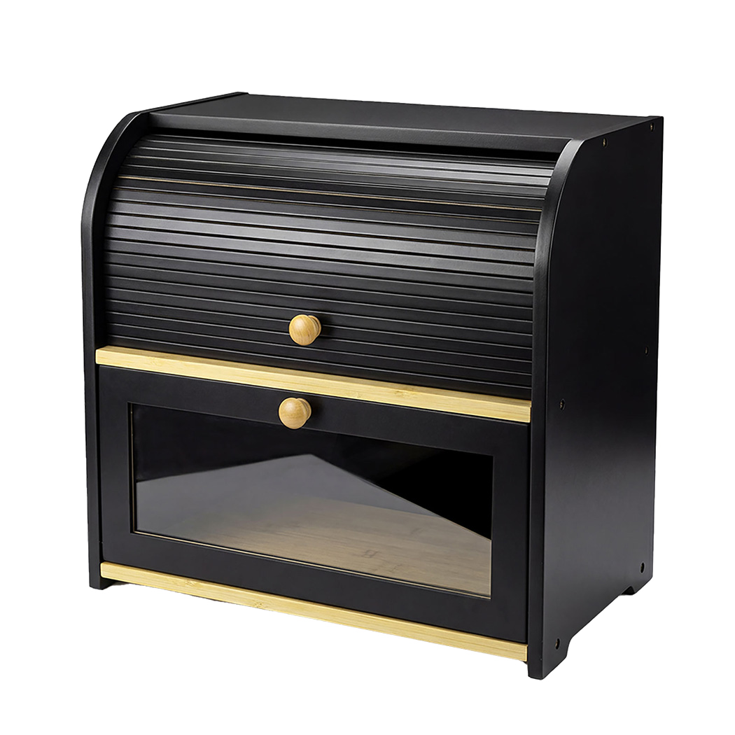 Toque Bread Bin Box 2 Tier Roll Top Bread Bin Kitchen Counter Storage Bamboo