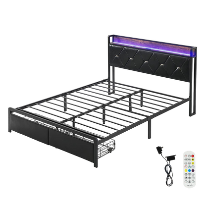 Minimalist Double Metal Bed Frame LED Lights 2 Drawers  Scandi