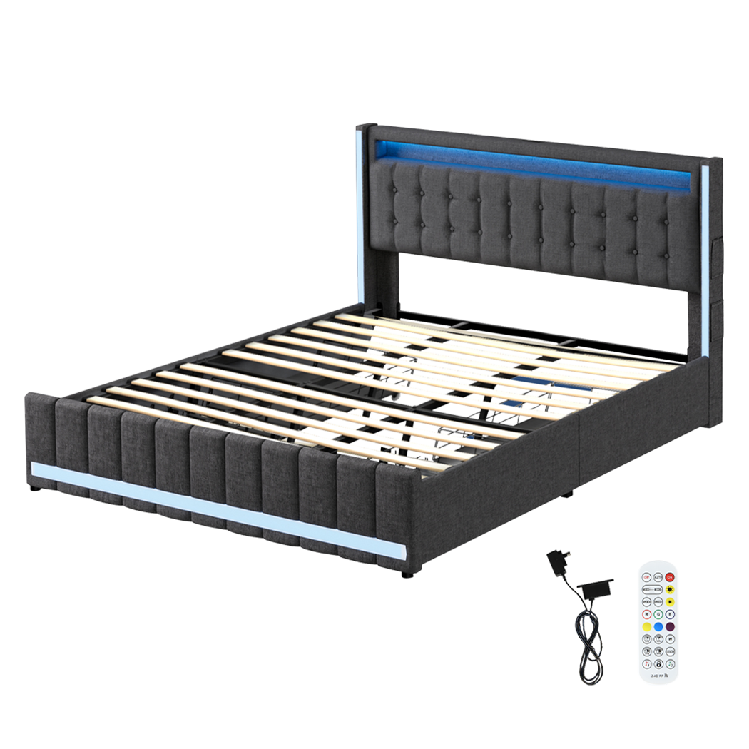 Modern King Bed Frame Fabric Storage Drawer LED USB  Soft Cushion