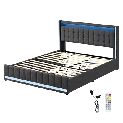 Modern King Bed Frame Fabric Storage Drawer LED USB  Soft Cushion