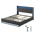 Modern King Bed Frame Fabric Storage Drawer LED USB  Soft Cushion