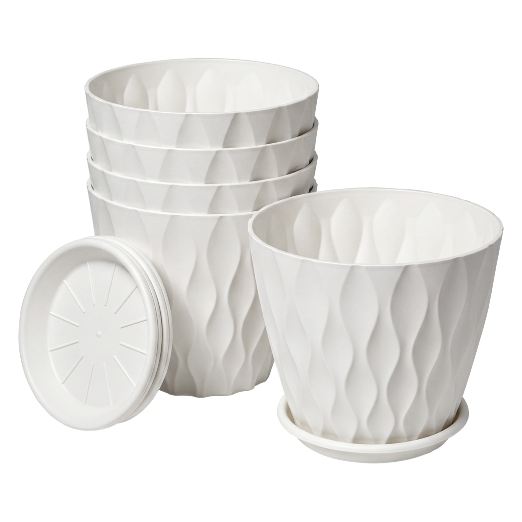 Toque Plant Pots 5 Pcs 8 Inchs Plastic Planter Pots with Drainage Saucers White