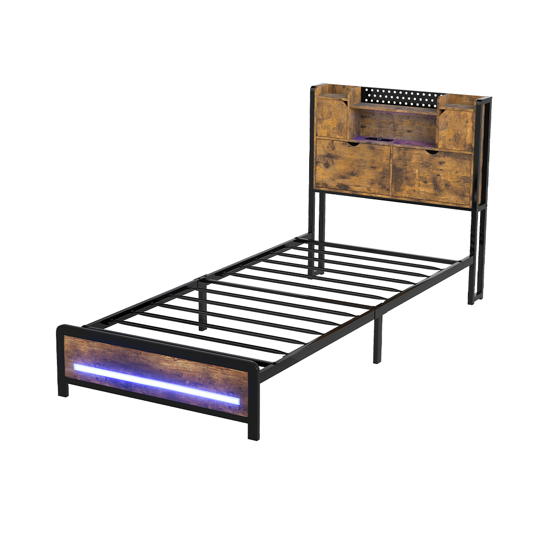 Single Bed Frame Storage Headboard Industrial 209x92x109cm