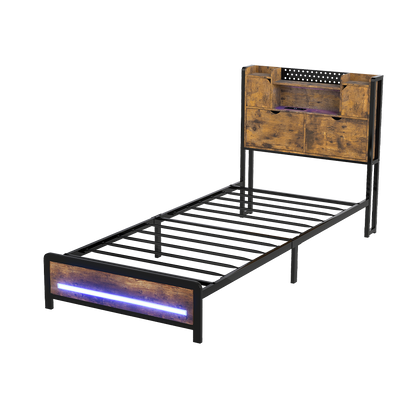 Single Bed Frame Storage Headboard Industrial 209x92x109cm