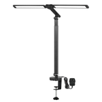 Ergonomic Double Head LED Desk Lamp Dimmable With Clamp  Wood Finish