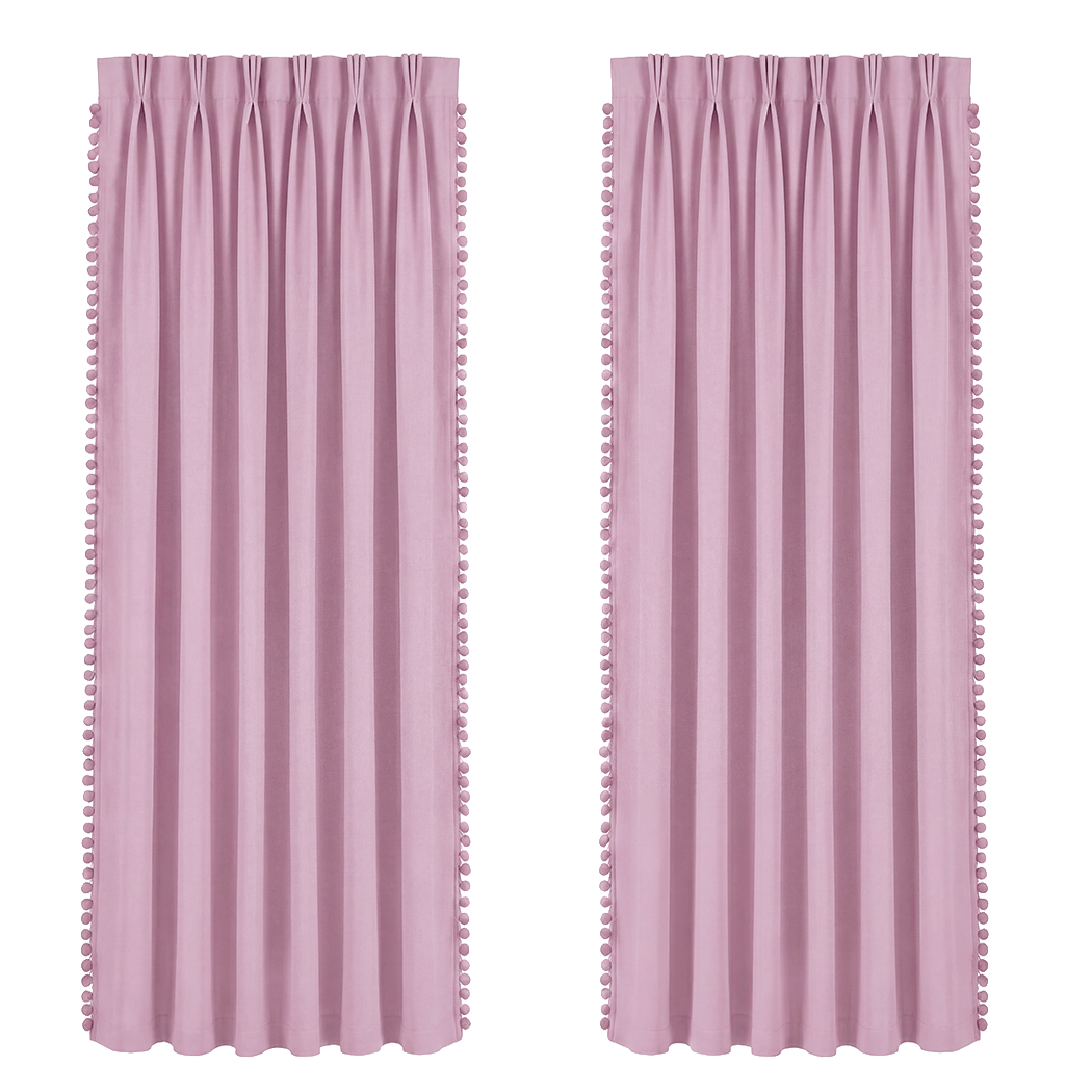 Marlow Blackout Curtains Pink 2 Panels Thermal Insulated Pom Pom 132cm x 213cm