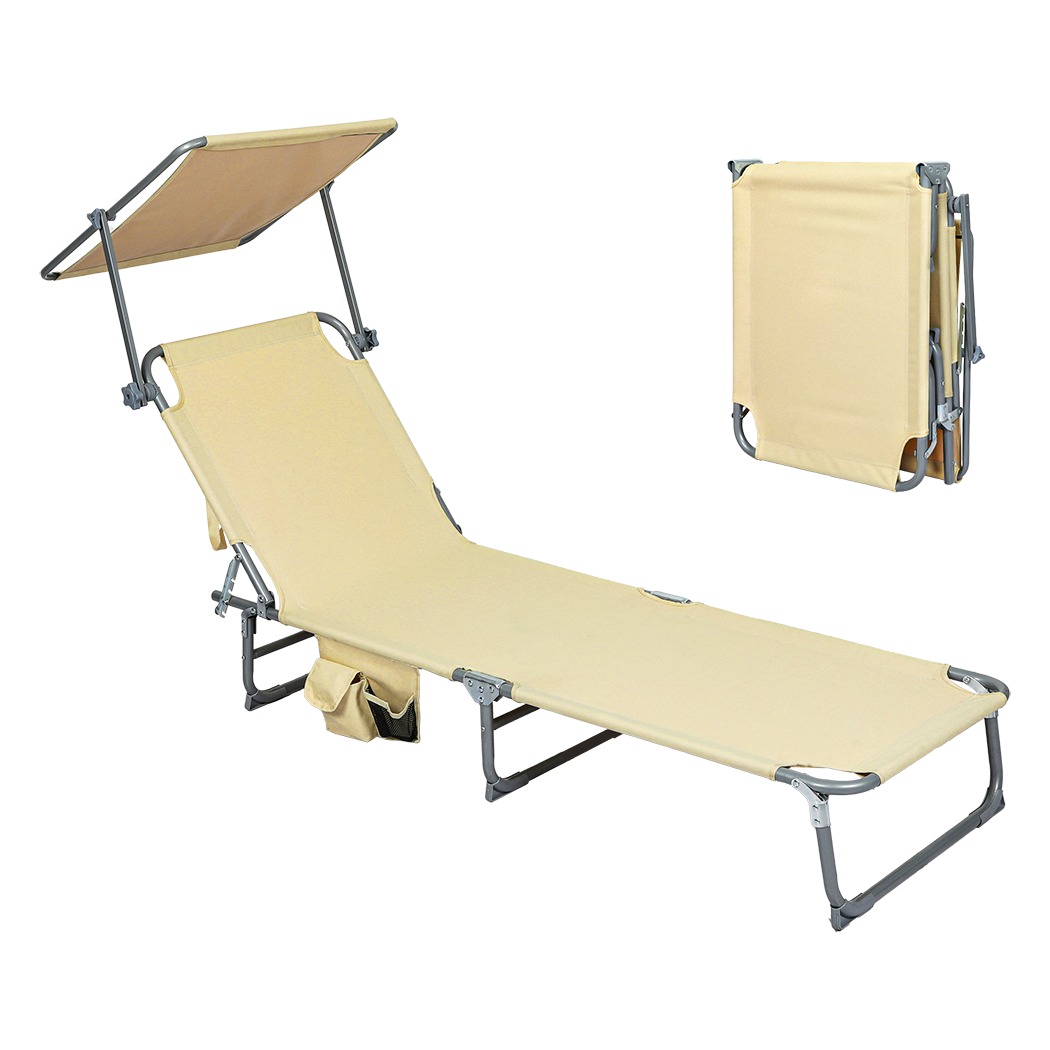 Minimalist Foldable Lounge Chairs with Canopy Khaki  Soft Cushion