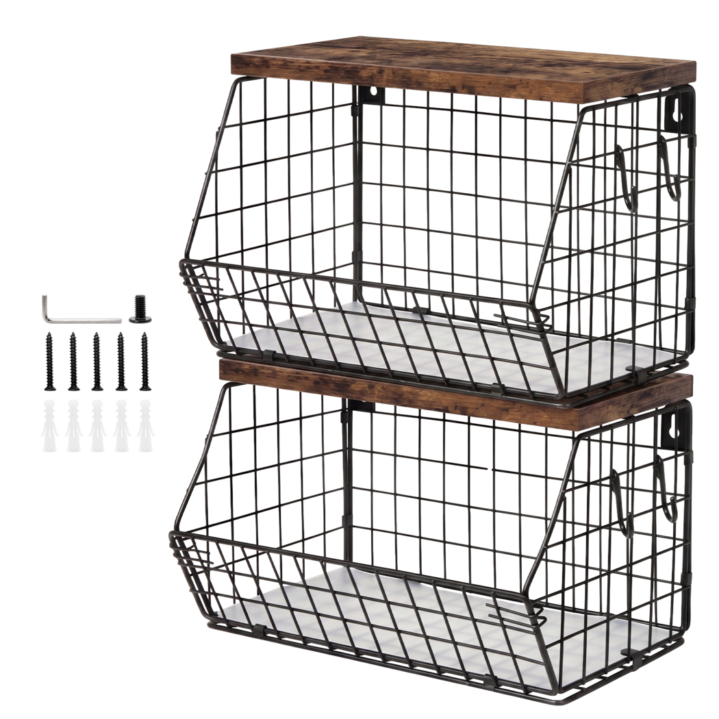 Toque Fruit Snack Storage Basket 2PCS Stackable Wall Mounted Kitchen Wood Lid