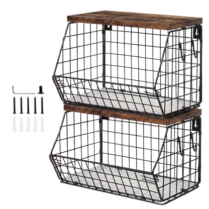 Toque Fruit Snack Storage Basket 2PCS Stackable Wall Mounted Kitchen Wood Lid