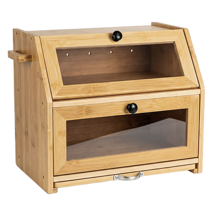 Toque Bread Box Bread Bin Double Layer Bamboo Bread Storage with Window Natural