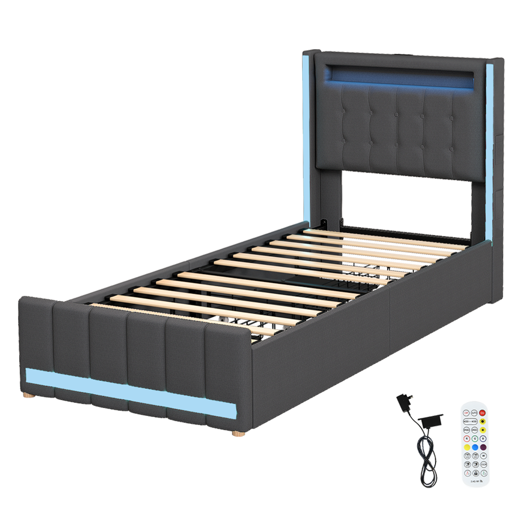 Luxury Single Bed Frame Fabric Storage Drawer LED USB  Sleek Modern