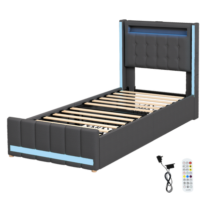 Luxury Single Bed Frame Fabric Storage Drawer LED USB  Sleek Modern
