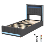 Luxury Single Bed Frame Fabric Storage Drawer LED USB  Sleek Modern