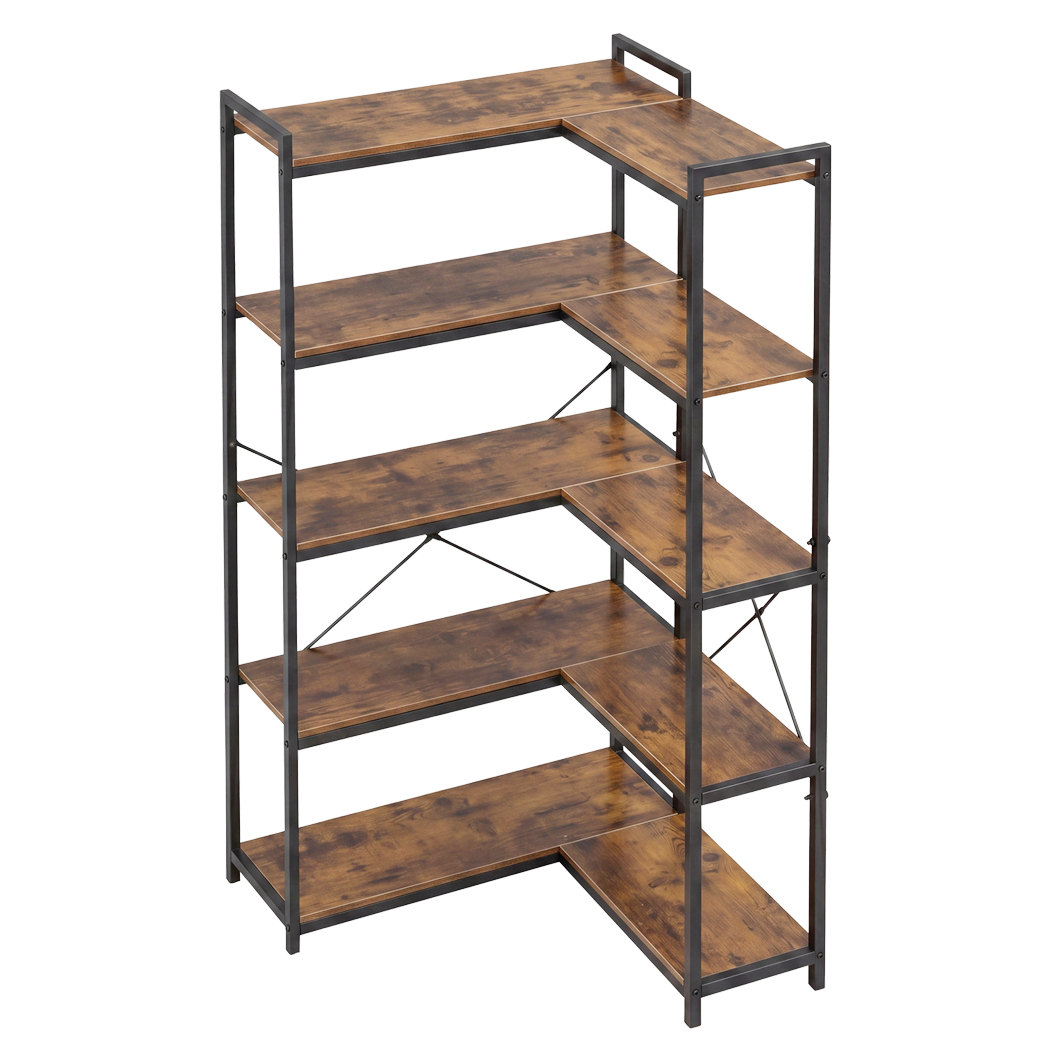 Levede Corner Bookshelf 5 Tier Bookcase L Shape Storage Shelf Display Rack Brown