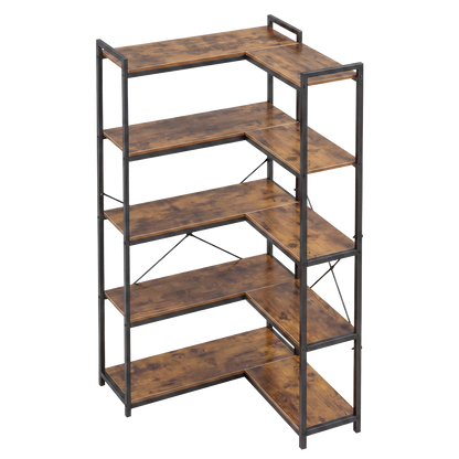 Levede Corner Bookshelf 5 Tier Bookcase L Shape Storage Shelf Display Rack Brown