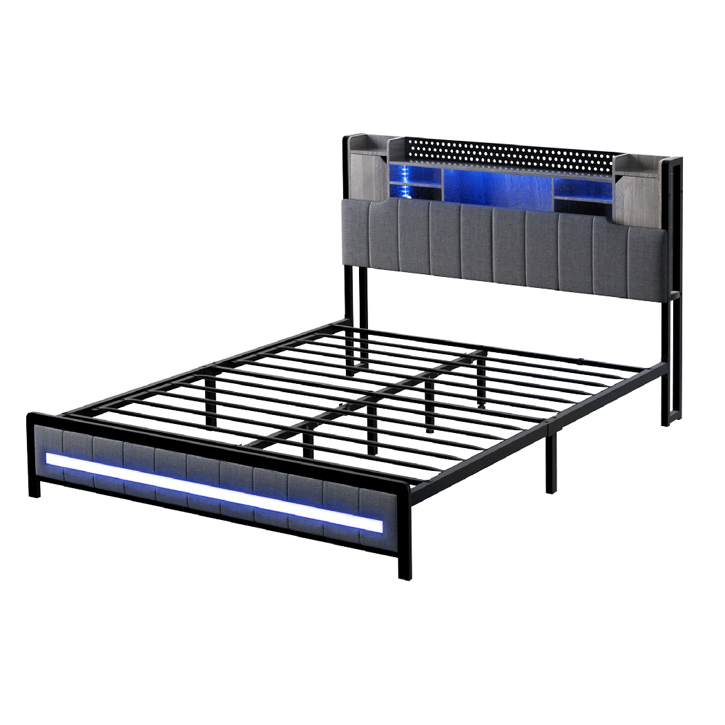 Luxury Queen Bed Frame with Storage Headboard RGB LED  Adjustable