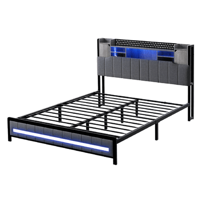 Luxury Queen Bed Frame with Storage Headboard RGB LED  Adjustable
