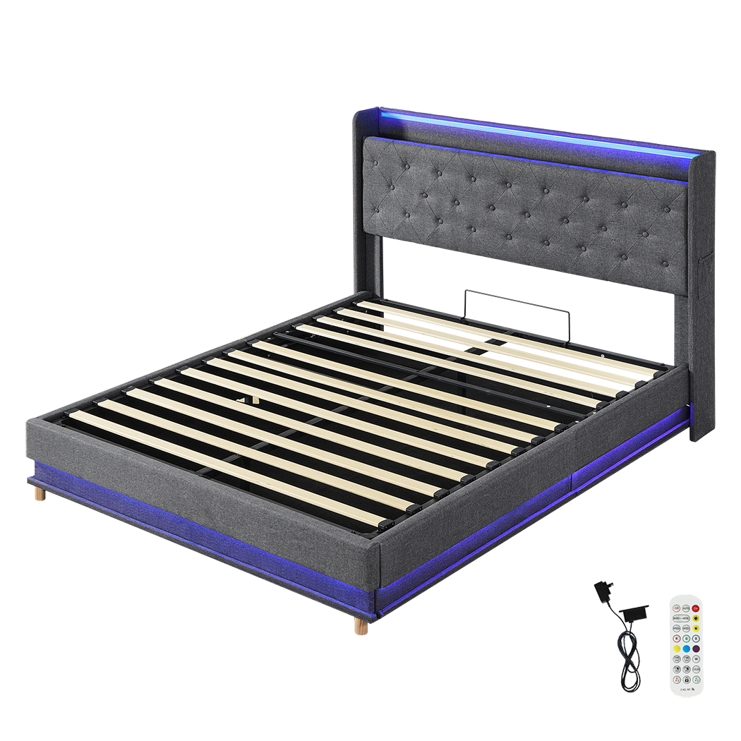 Modern Queen Bed Frame Gas Lift LED Light  Soft Cushion Classic