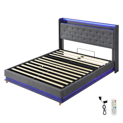 Modern Queen Bed Frame Gas Lift LED Light  Soft Cushion Classic