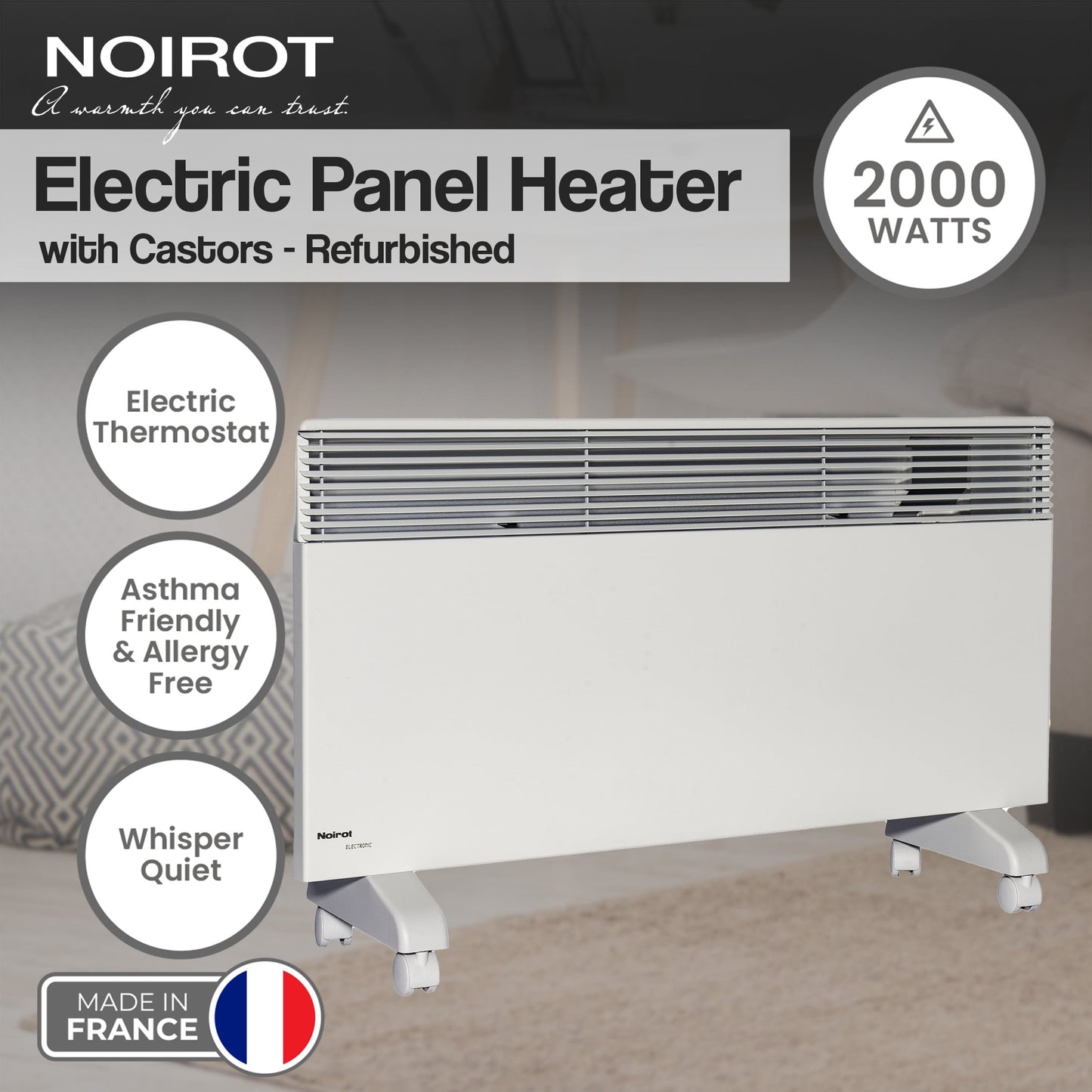Noirot 2000W 7358-7 Electric Panel Heater with Castors Refurbished Unit
