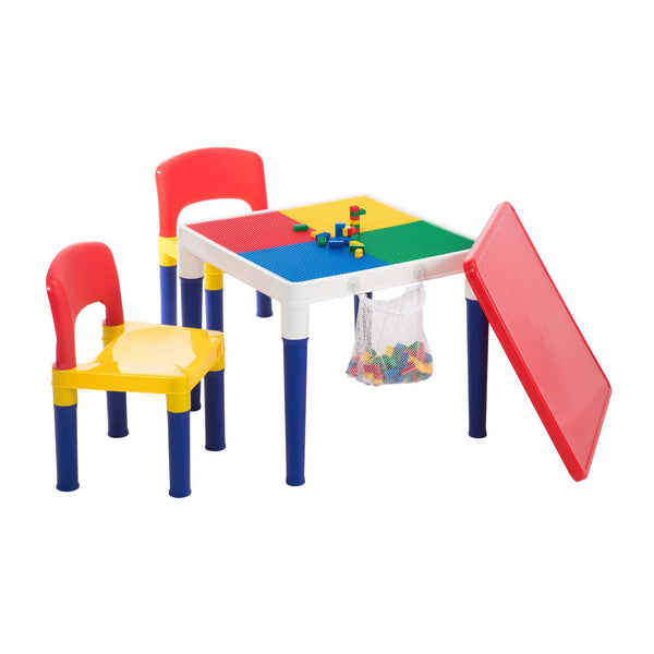  Children'S 2-In-1 Building Blocks Table & Chairs Set W/ 100 Blocks