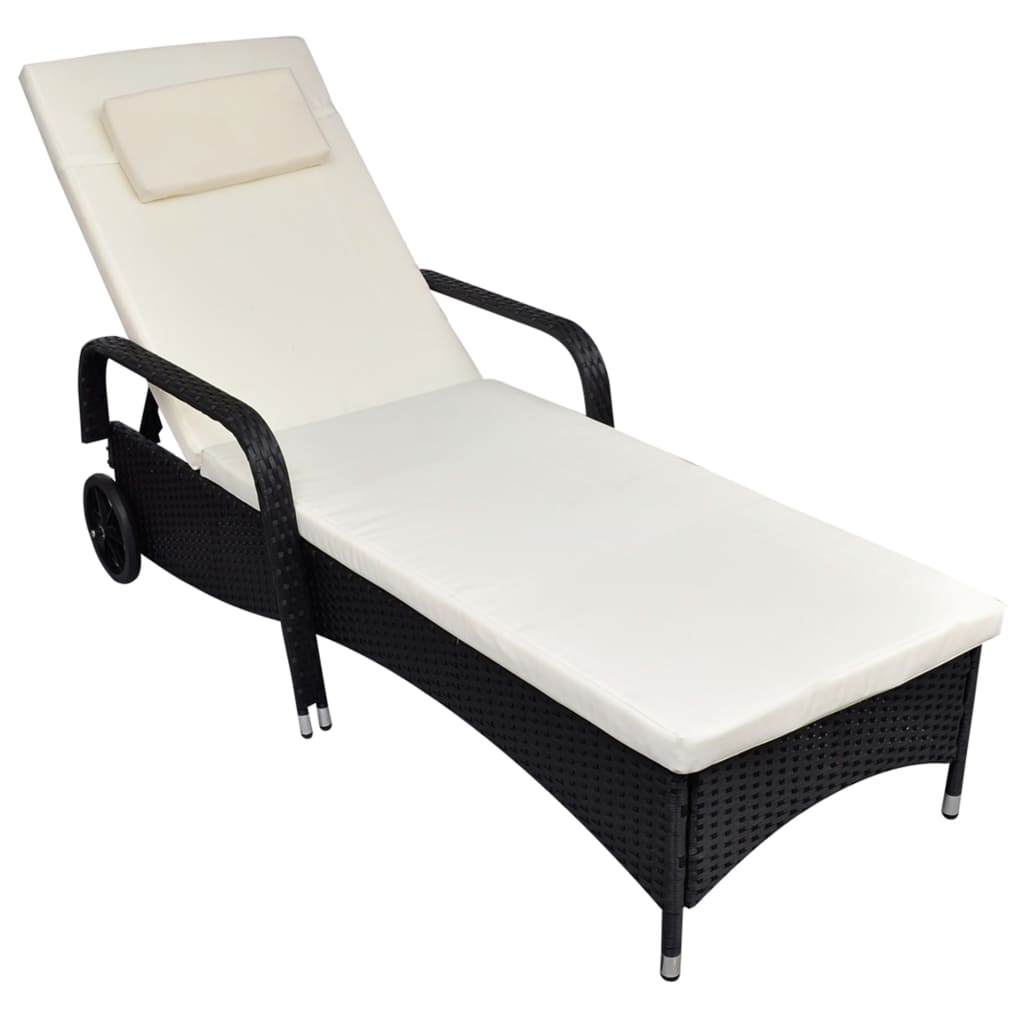 Sun Lounger with Cushion & Wheels Poly Rattan Black - 79×57cm
