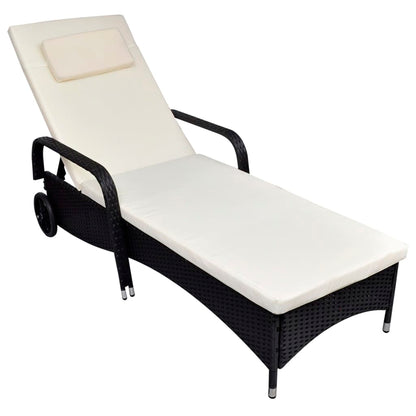 Sun Lounger with Cushion & Wheels Poly Rattan Black - 79×57cm