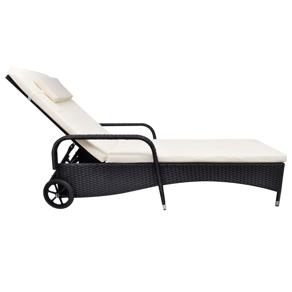 Sun Lounger with Cushion & Wheels Poly Rattan Black - 79×57cm