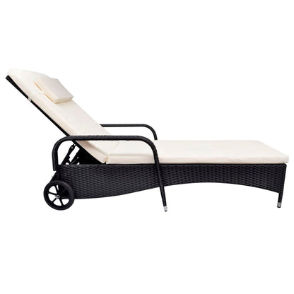 Sun Lounger with Cushion & Wheels Poly Rattan Black - 79×57cm