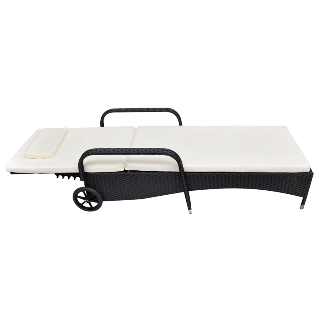 Sun Lounger with Cushion & Wheels Poly Rattan Black - 79×57cm