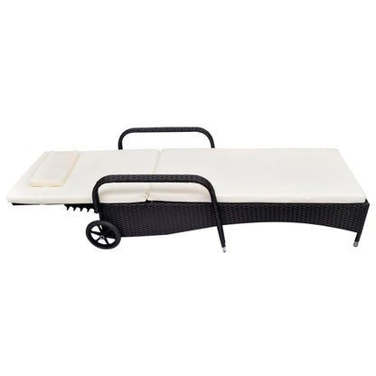 Sun Lounger with Cushion & Wheels Poly Rattan Black - 79×57cm