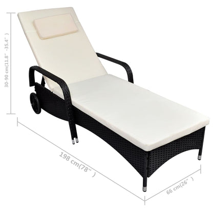Sun Lounger with Cushion & Wheels Poly Rattan Black - 79×57cm